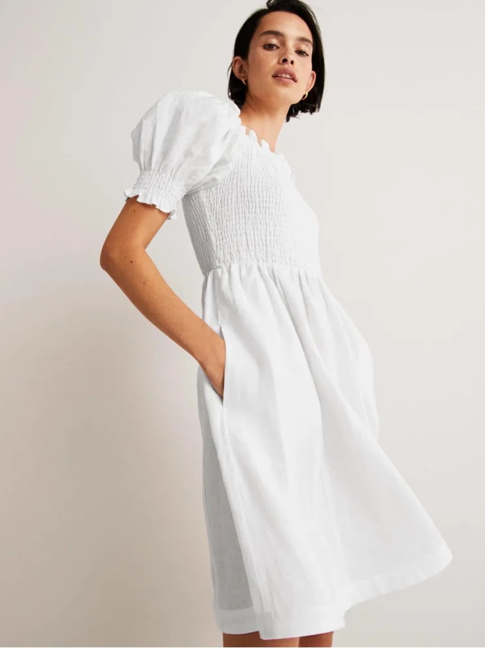 Boden White Linen Puff-Sleeve Smocked Short Dress size 6 long tall